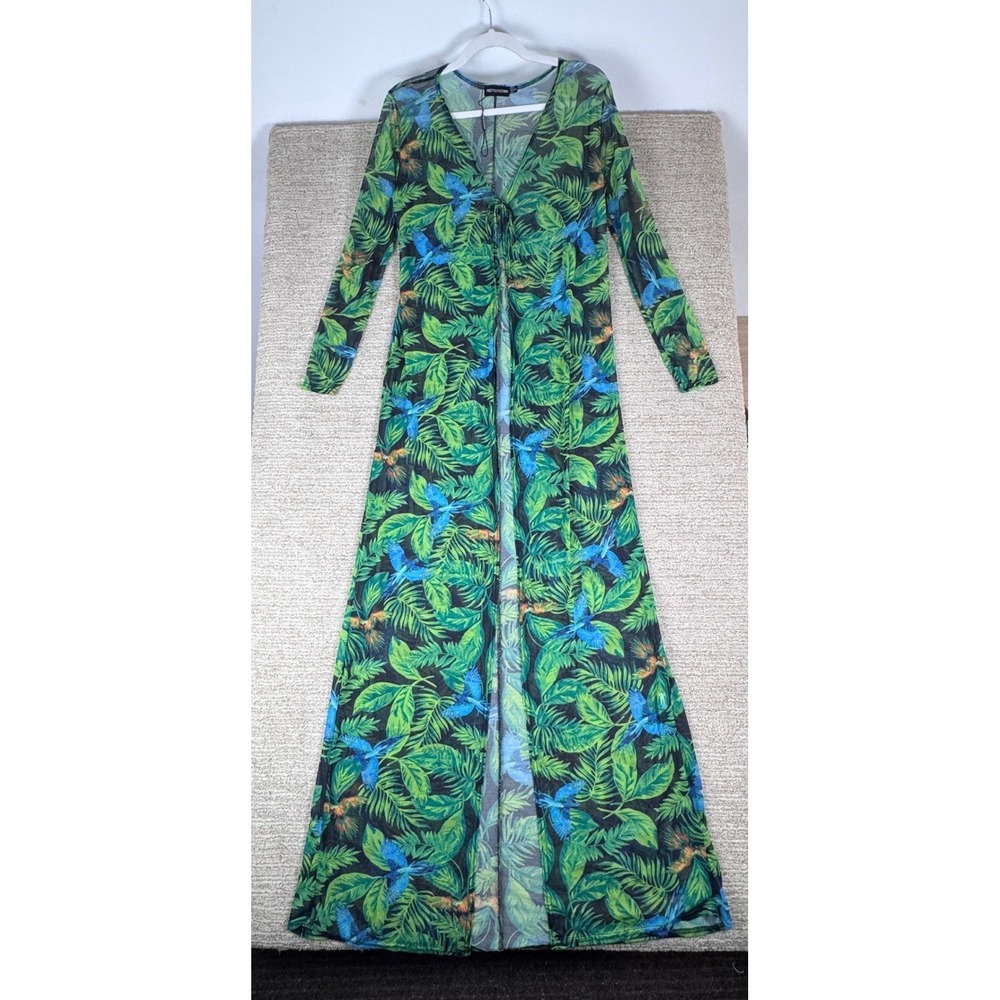 PrettyLittleThing Tropical Bird Print Mesh Maxi Duster Green Blue US 4